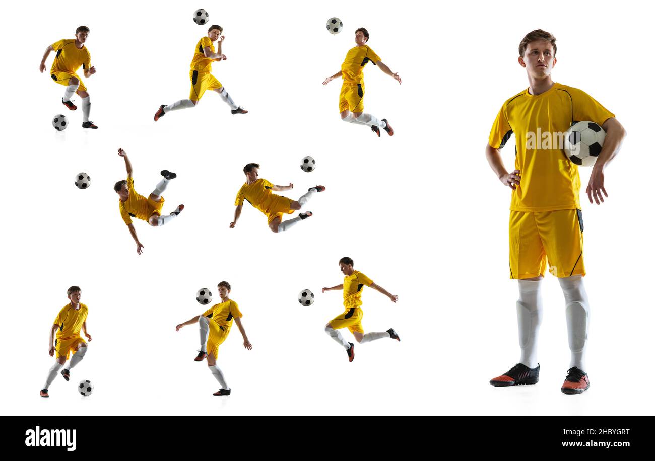 Collage.Portraits d'un joueur de football professionnel en uniforme jaune, posé isolé sur fond blanc Banque D'Images