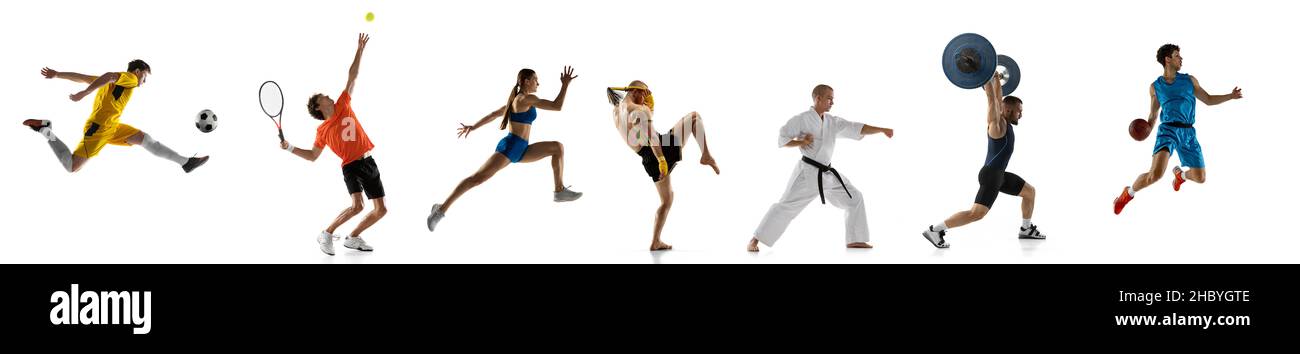 Collage de personnes sportives debout dans une ligne isolée sur fond blanc Banque D'Images