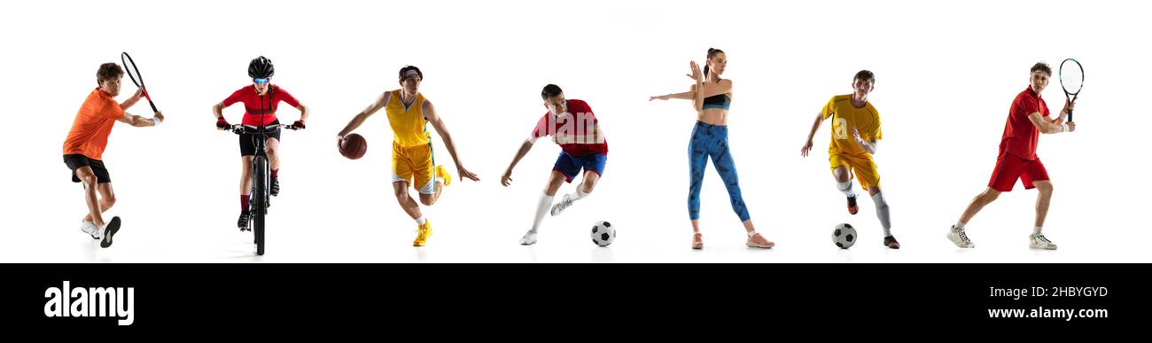 Collage de sportifs professionnels debout dans une ligne isolée sur fond blanc Banque D'Images