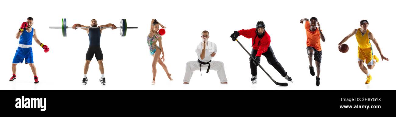 Collage de sportifs professionnels debout dans une ligne isolée sur fond blanc Banque D'Images