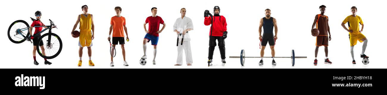 Collage de sportifs professionnels debout dans une ligne isolée sur fond blanc Banque D'Images