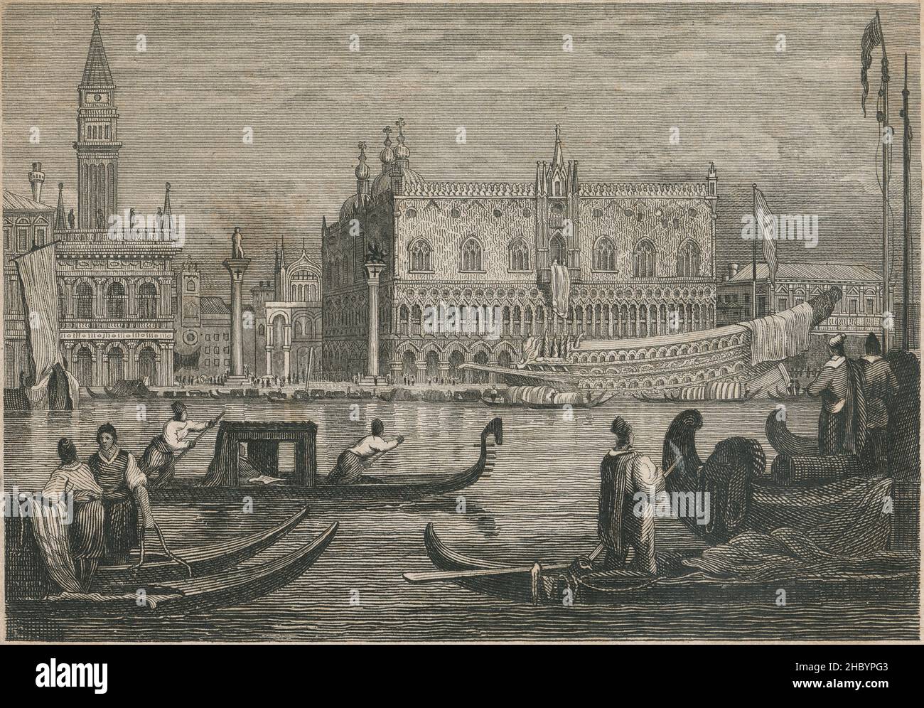 Gravure antique vers 1830, colonne Piazzetta, Palais Ducal et Bucentaur, à Venise,Italie.SOURCE : GRAVURE ORIGINALE Banque D'Images