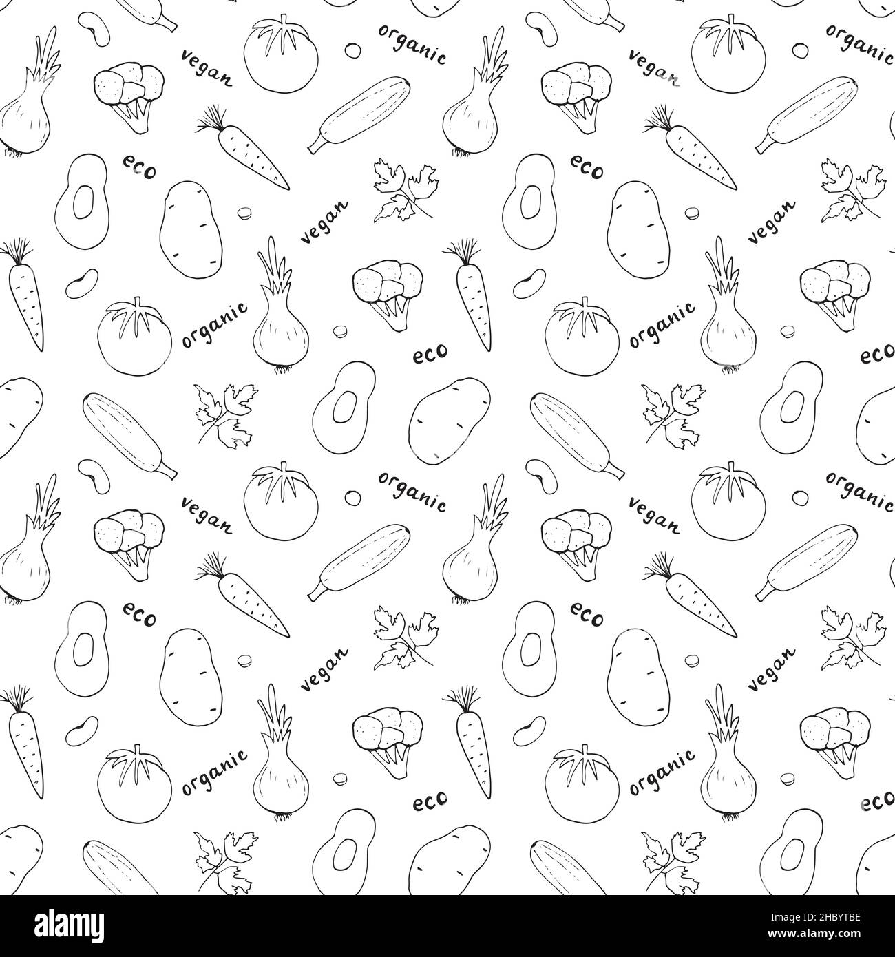 Motif légumes sans couture.Fond végétarien bio alimentation saine, Vegan bio produits poivre, tomate, concombre, carotte, pomme de terre,avocat, bea Illustration de Vecteur