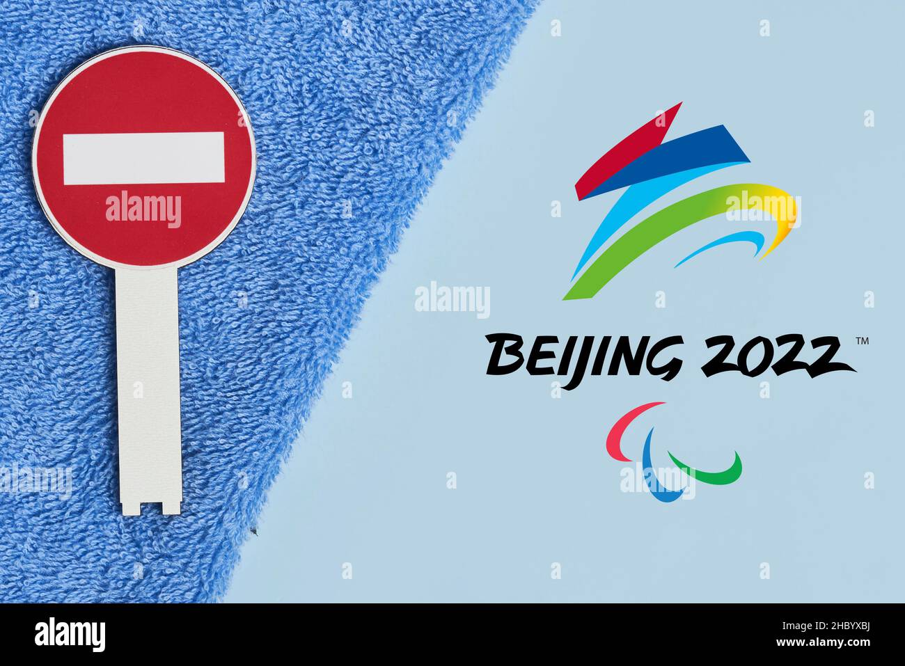 14 décembre 2021 - Los Angeles, Etats-Unis : symbole du boycott des Jeux paralympiques d'hiver de 2022 à Beijing.Boycott des Jeux paralympiques d'hiver à Beijing, en Chine Banque D'Images