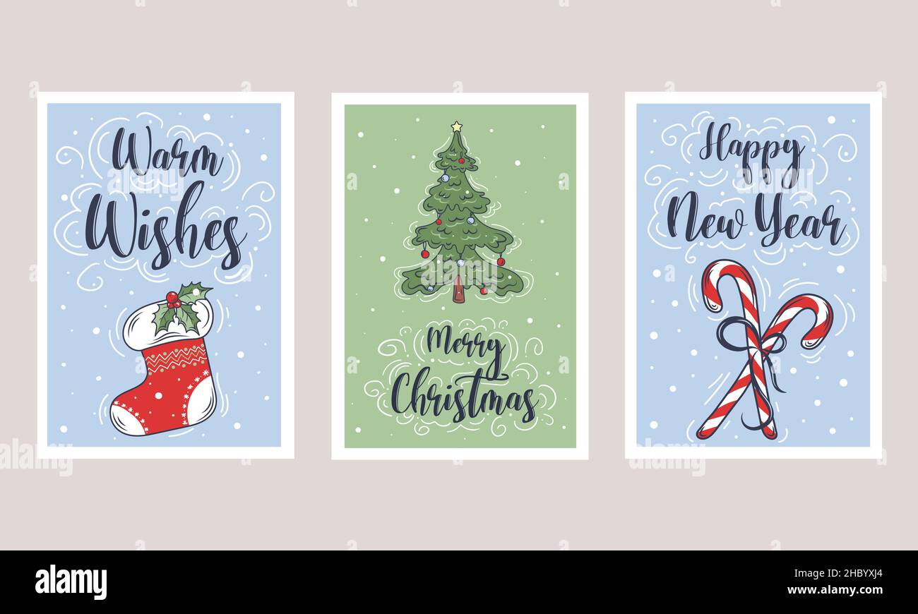 Ensemble de cartes de vœux de joyeux Noël et de joyeux nouvel an avec éléments décoratifs faits main.Style vintage tendance. Illustration de Vecteur