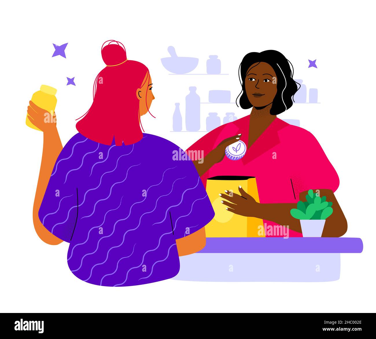 Achetez des cosmétiques naturels - illustration de style plat coloré.Deux belles femmes clientes et vendeuses situées à côté du comptoir du magasin.Solde o Illustration de Vecteur