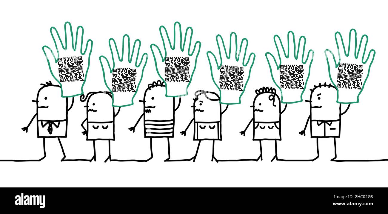 Dessin main des personnes de dessin animé montrant OU code dans leur main levée Illustration de Vecteur