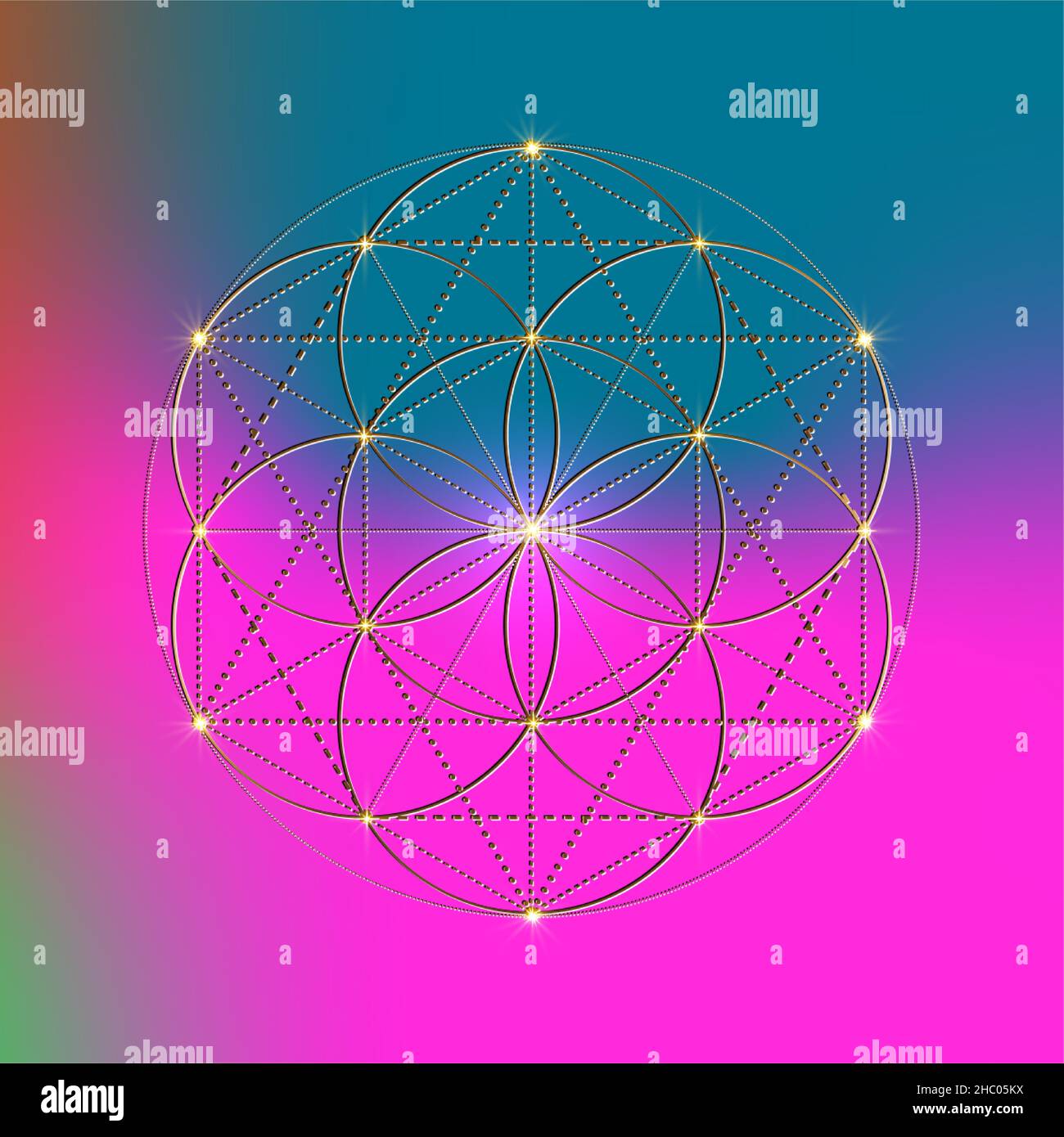 Fleur de vie, symbole de semence de vie géométrie sacrée, mandala mystique du signe ésotérique alchimie.Logo Golden Luxury Vector isolé sur dégradé coloré Illustration de Vecteur