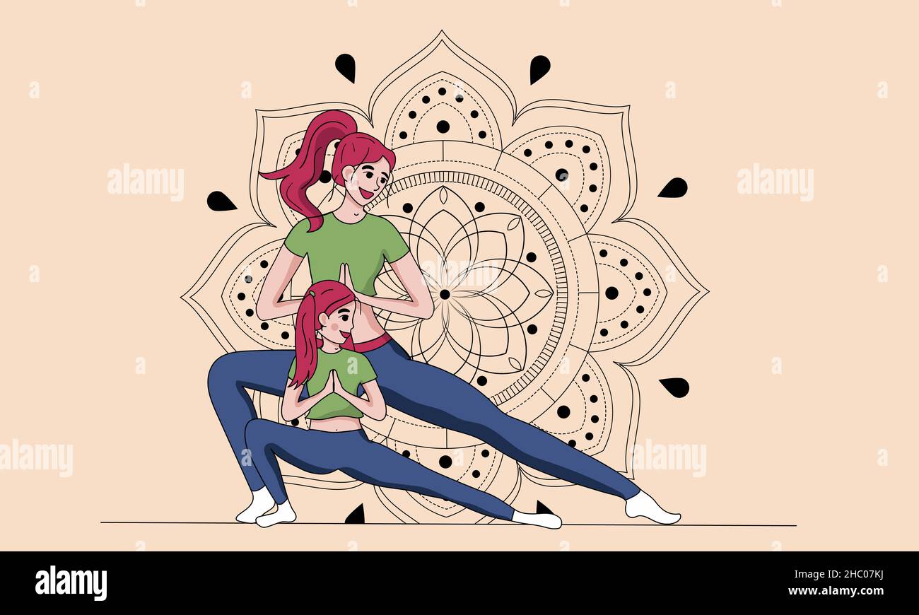 Mère et fille, femme et fille enfant faisant des exercices de yoga, debout dans guerrier deux positions, vecteur isolé illustration scène sport. Illustration de Vecteur
