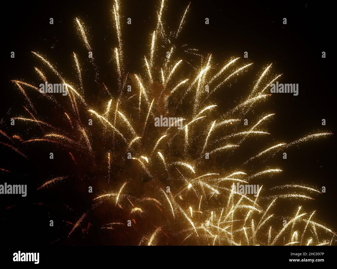Feu d'artifice doré de différentes couleurs sur le ciel nocturne, vrai feu d'artifice sur le ciel profond de fond noir sur le spectacle du festival de feu d'artifice avant le jour de l'indépendance le 4 Banque D'Images