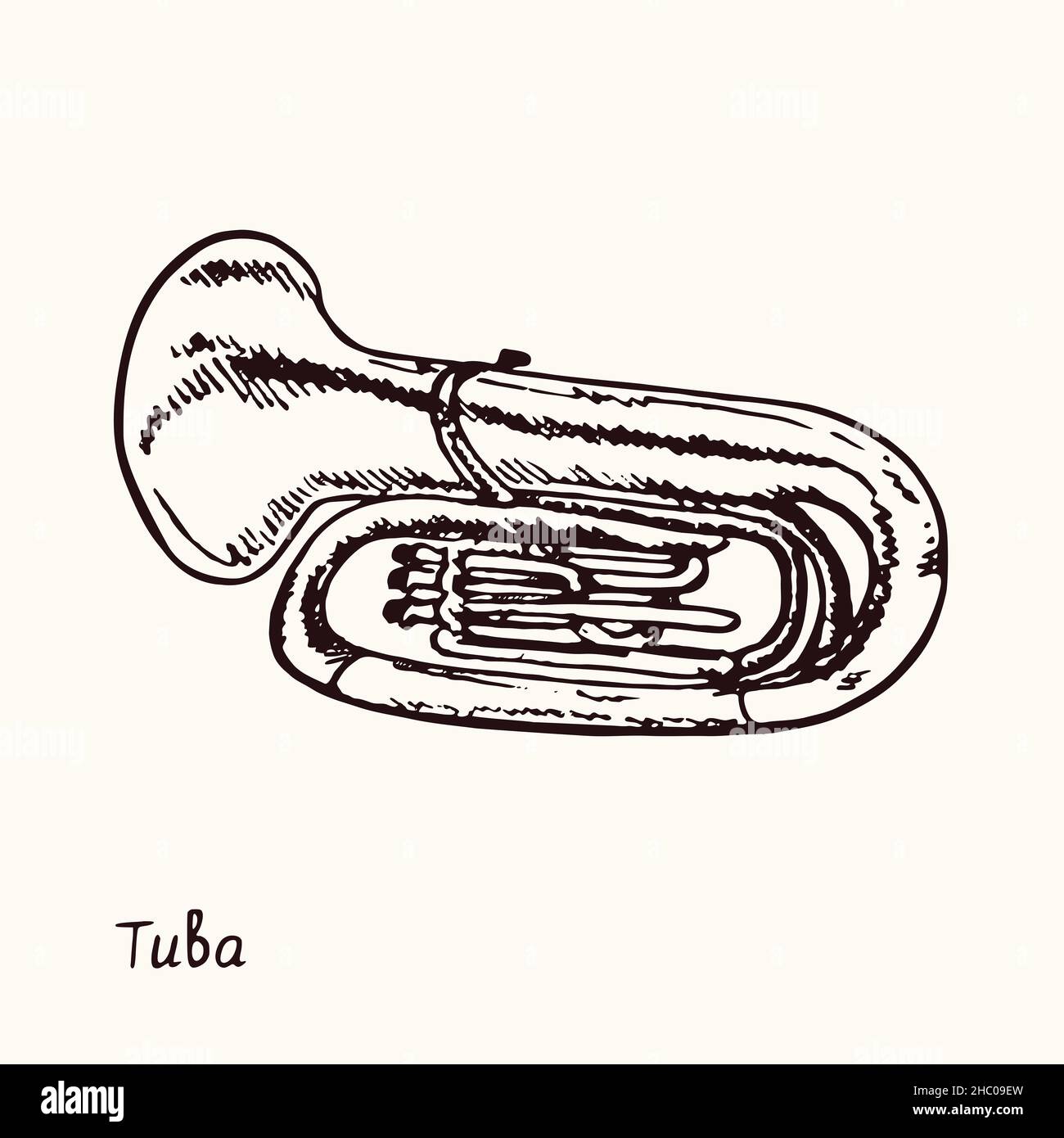 Tuba.Dessin d'une boisée noire et blanche avec inscription. Banque D'Images