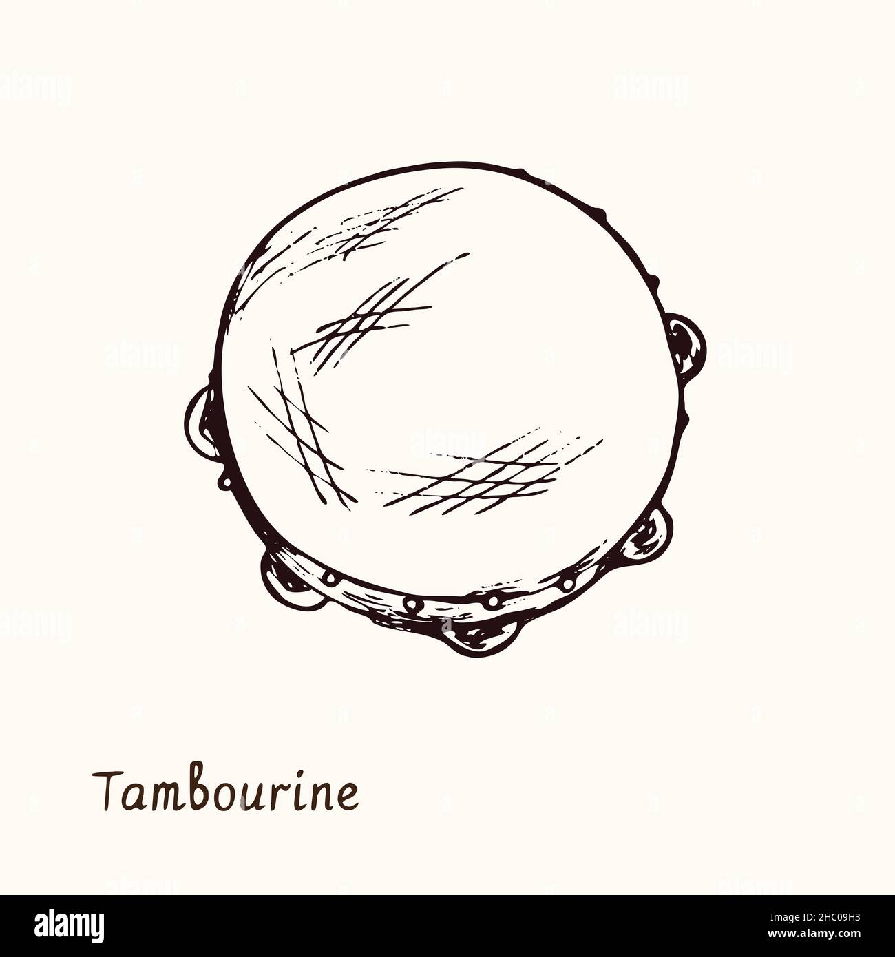 Tambourine.Dessin d'une boisée noire et blanche avec inscription. Banque D'Images