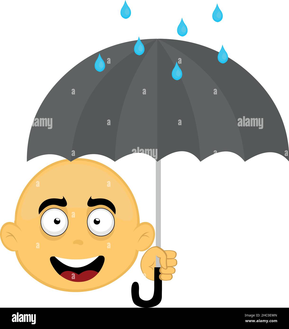 Illustration vectorielle du visage d'un personnage de dessin animé jaune et chauve, tenant un parapluie avec des gouttes de pluie Illustration de Vecteur