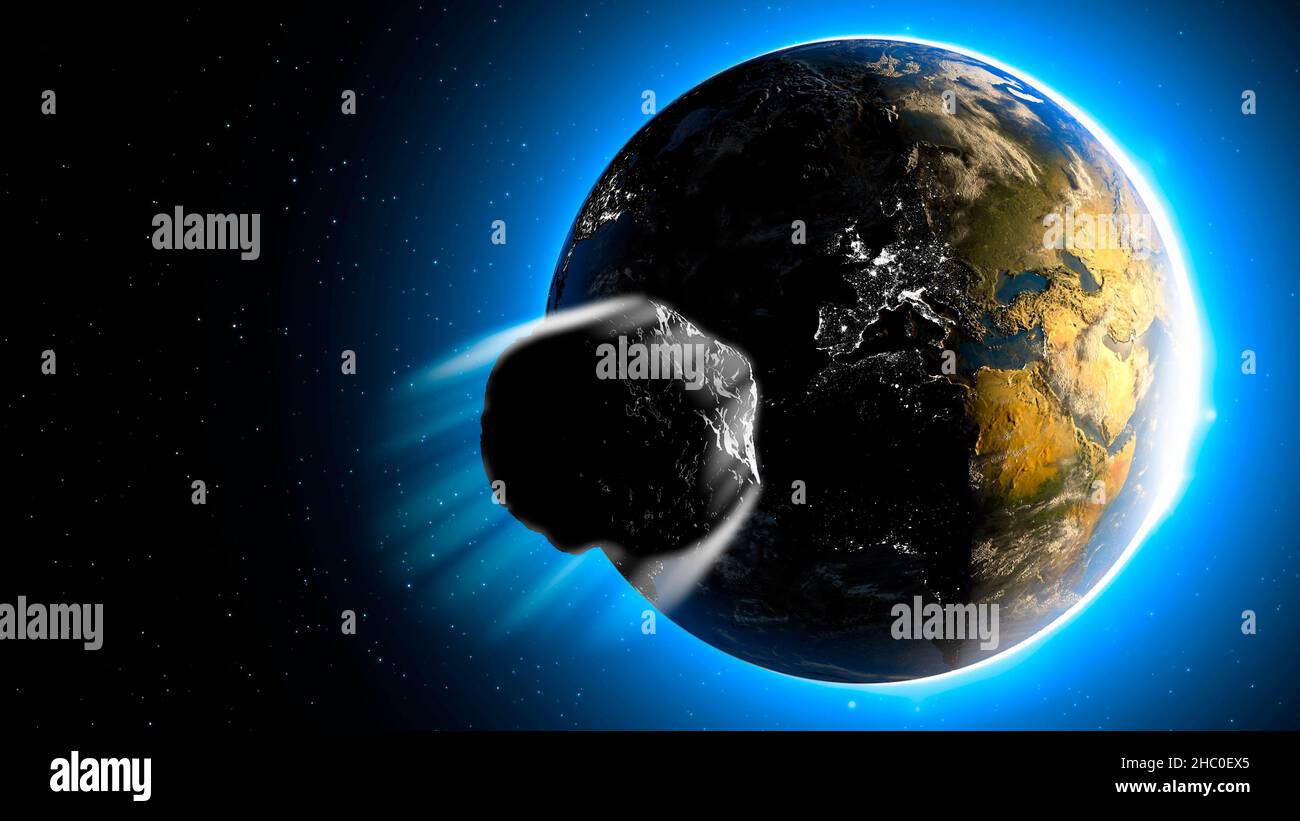 Astéroïde, météorite touchant la Terre.L'atmosphère de la terre est traversée par une météorite.Trajectoire de collision.Impact imminent.3d rendu Banque D'Images