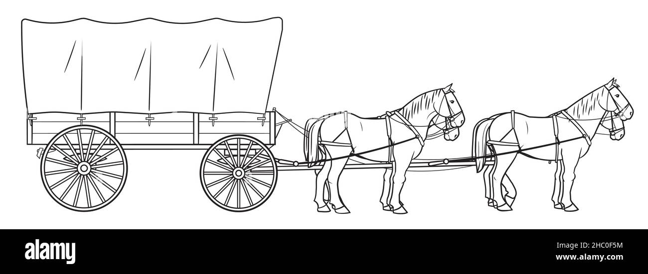 Illustration d'un wagon couvert avec chevaux. Illustration de Vecteur