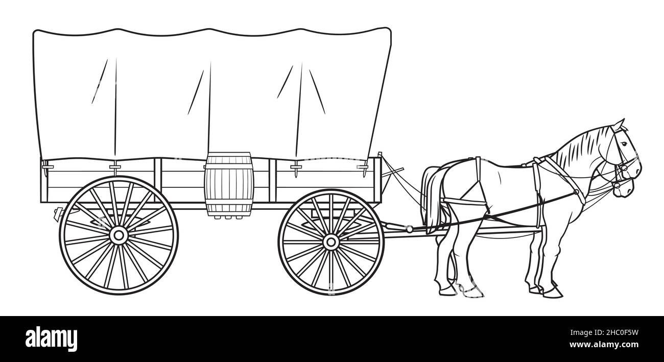 Illustration d'un wagon couvert avec chevaux. Illustration de Vecteur