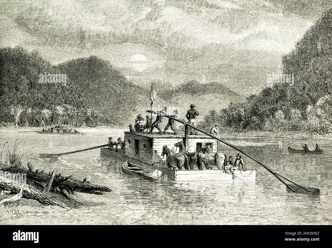 Cette illustration de 1890 montre les émigrants descendant de la rivière Tennessee à l'époque de l'expansion de Westward aux États-Unis,. Banque D'Images