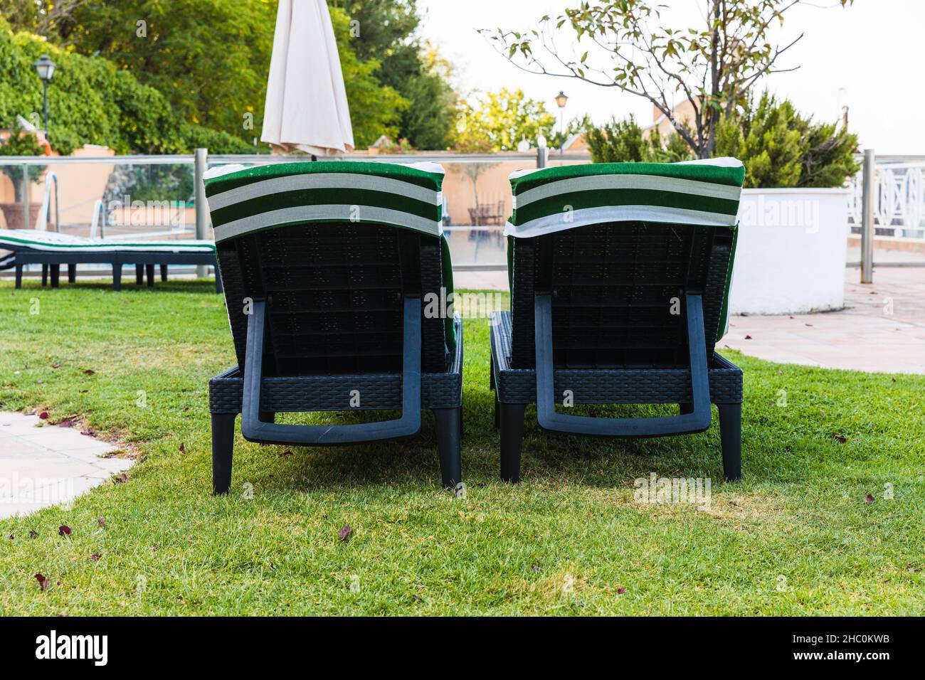 Vue arrière de deux chaises longues vertes et blanches dans une piscine sur un sol herbacé Banque D'Images