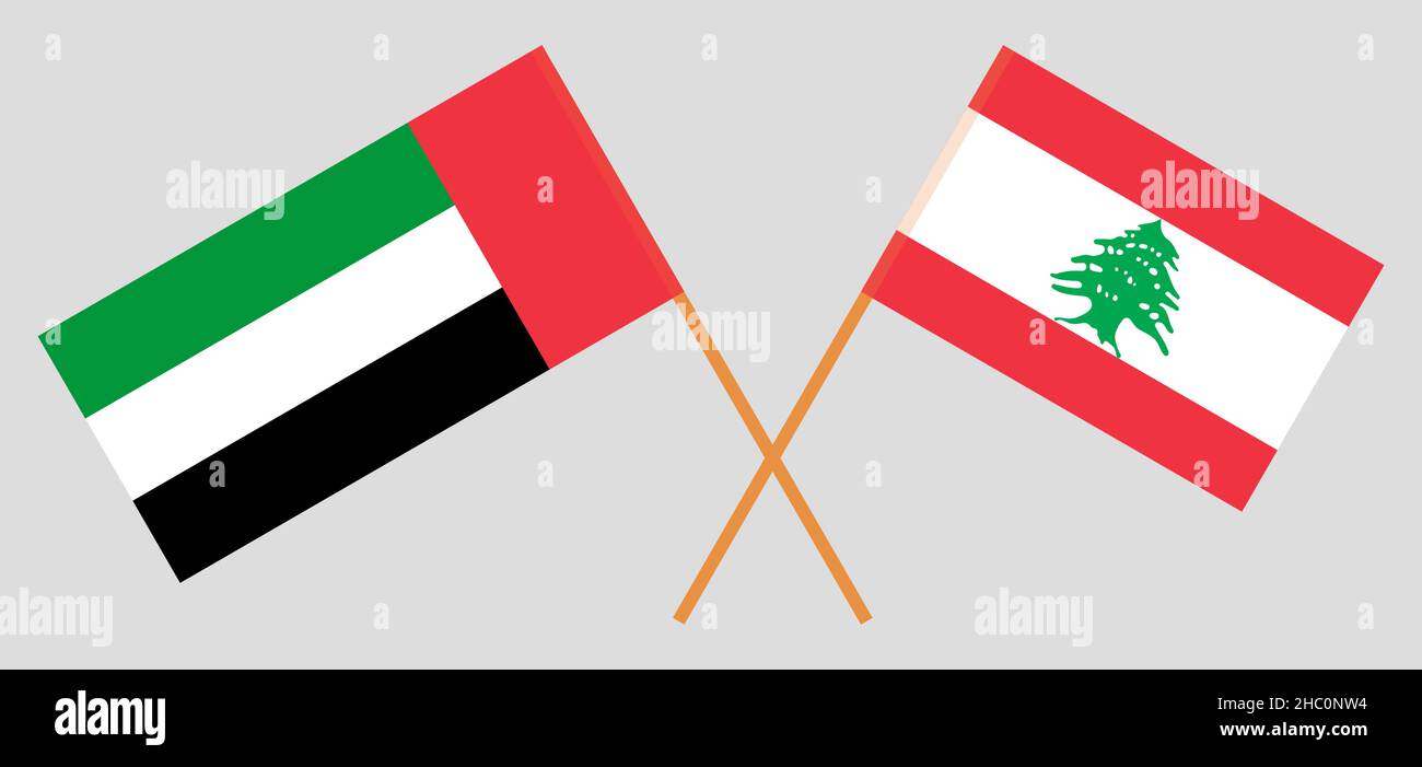 Drapeaux croisés du Liban et des Émirats arabes Unis.Couleurs officielles.Proportion correcte.Illustration vectorielle Illustration de Vecteur