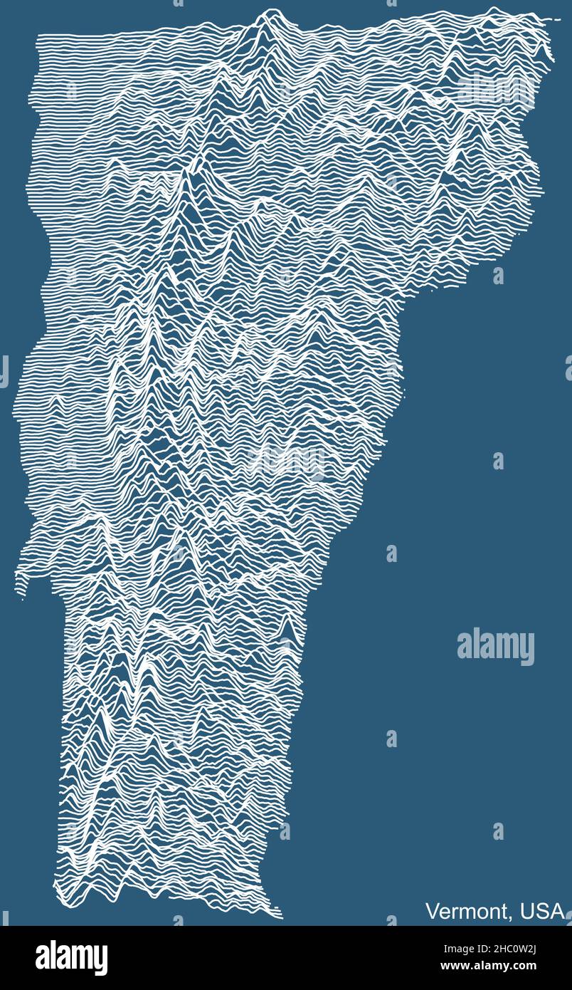 Carte topographique de relief de l'État fédéral du Vermont, États-Unis avec lignes de contour blanches sur fond bleu Illustration de Vecteur