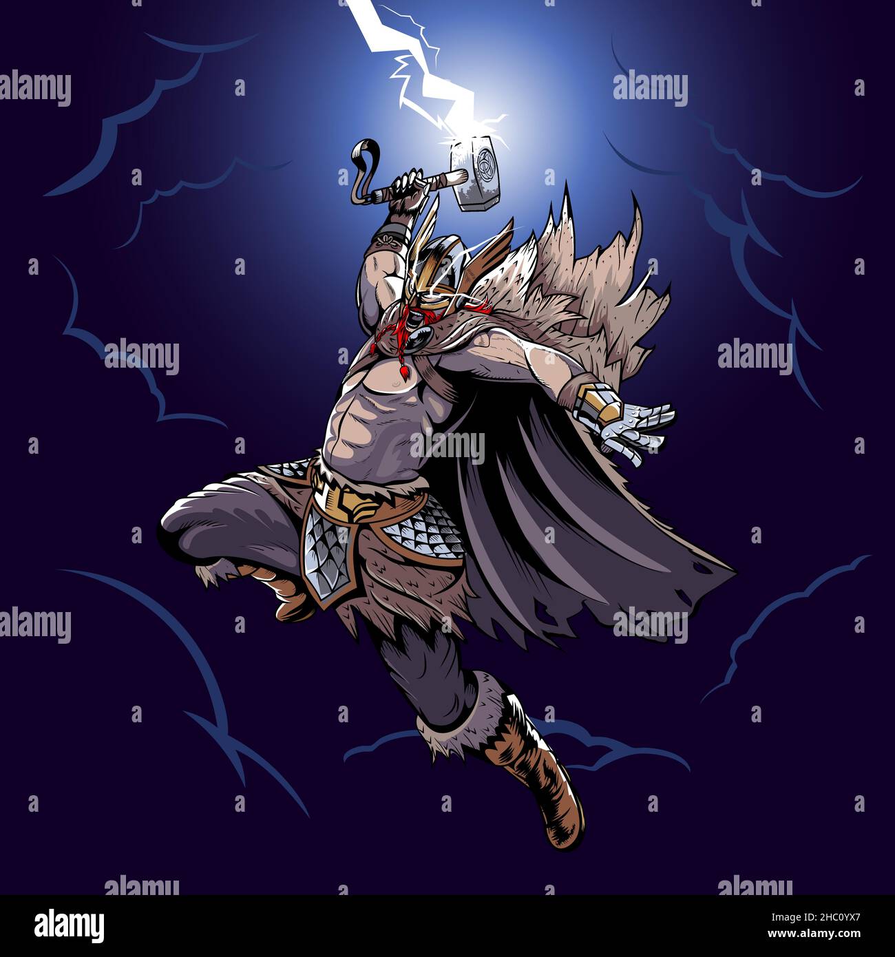 Illustration vectorielle Thor Linear tenant Mjolnir avec son gant de fer et sa ceinture de puissance Illustration de Vecteur