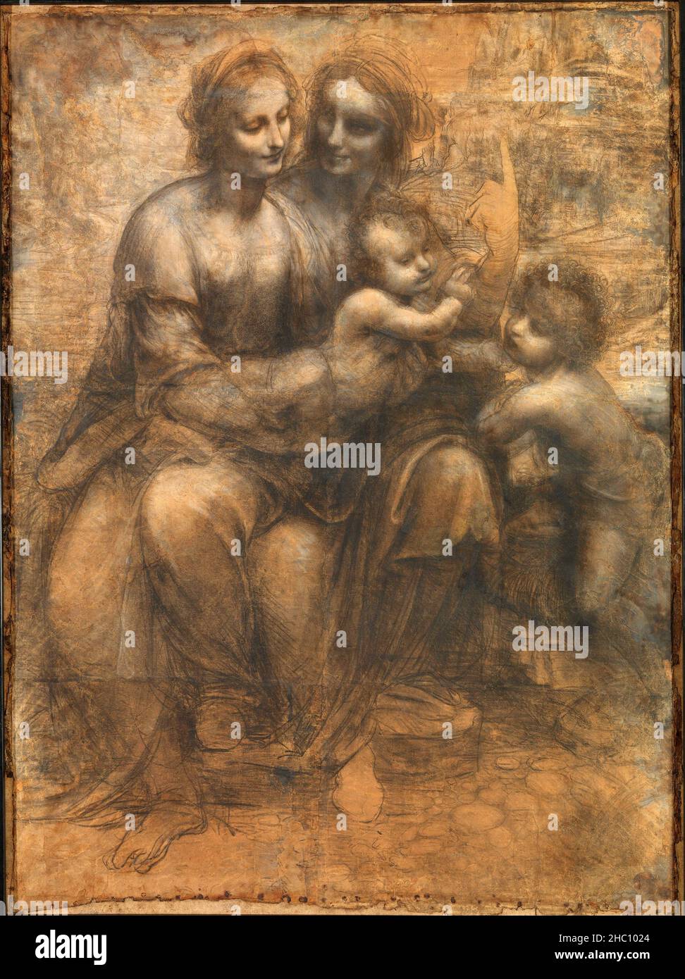 Le dessin de la Vierge et de l'enfant avec Saint Anne et Saint Jean-Baptiste, par Léonard de Vinci Banque D'Images
