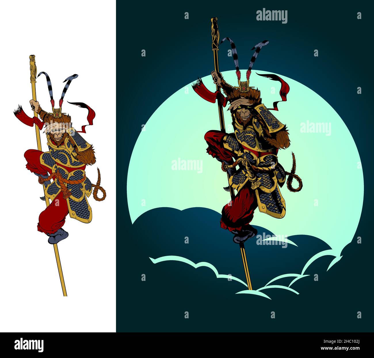 L'illustration vectorielle Monkey King se tenant sur son personnel avec des yeux lumineux de la vraie capacité de vue. Pour poster, tshirt, ou tout autre but. Illustration de Vecteur