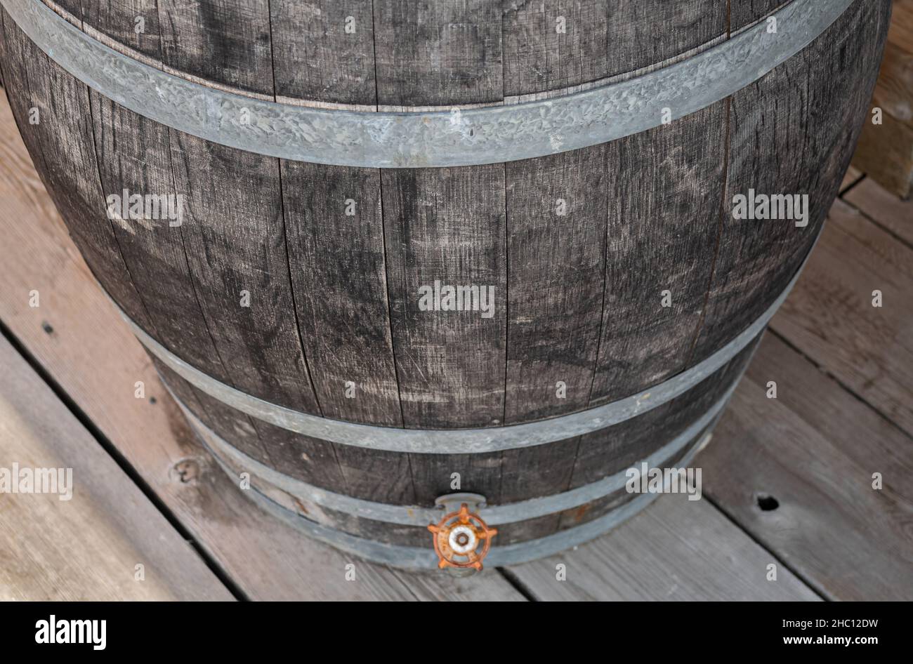 Ancien baril de vin en bois.Vue du dessus. Banque D'Images