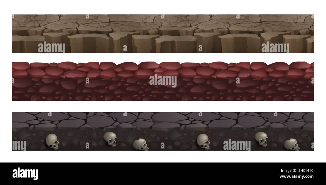 Terrains de jeu avec texture sans couture de sol sec, pierres rouges et terre rocheuse avec des crânes humains fossiles.Ensemble de plateformes de dessin animé vectoriel pour les niveaux de jeu, le désert craqué et les paysages de terre Illustration de Vecteur Terrains de jeu avec texture sans couture de sol sec, pierres rouges et terre rocheuse avec des crânes humains fossiles.Ensemble de plateformes de dessin animé vectoriel pour les niveaux de jeu, le désert craqué et les paysages de terre Illustration de Vecteur