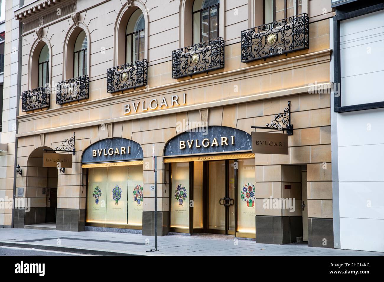 Bvlgari Bulgari magasin de luxe dans la rue Castlereagh, centre-ville de Sydney, Nouvelle-Galles du Sud, Australie vendant des bijoux et des articles de luxe en cuir Banque D'Images