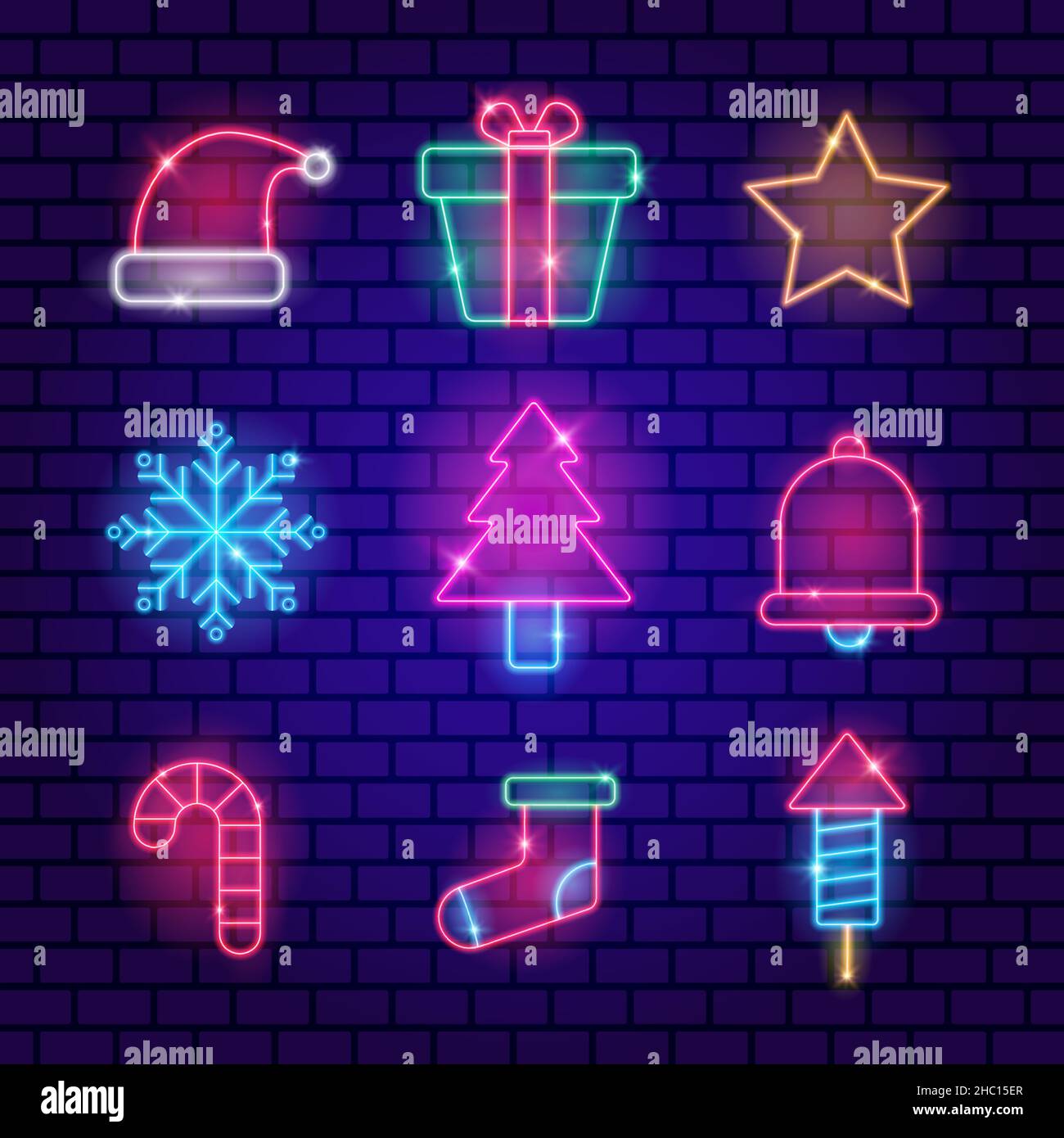 Noël néons icônes ensemble joyeux noël collection lumières enseignes néon symboles lumineux pour la nouvelle année Illustration de Vecteur