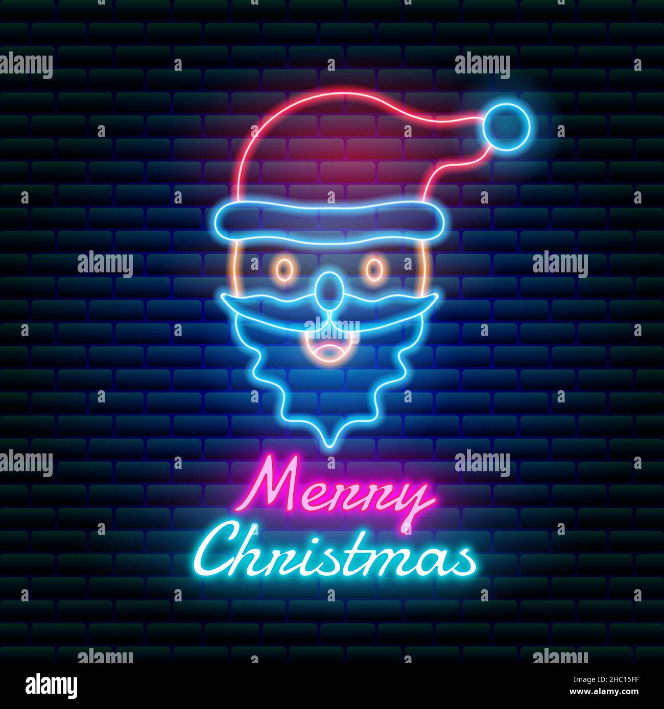 Père noël néon lumineux avec arrière-plan mural en brique sombre et style de texte modifiable Illustration de Vecteur