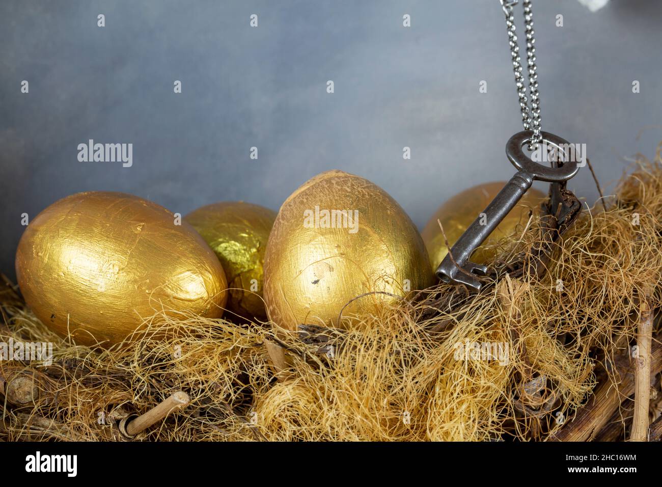 Golden Egg et Key, concept de succès Banque D'Images