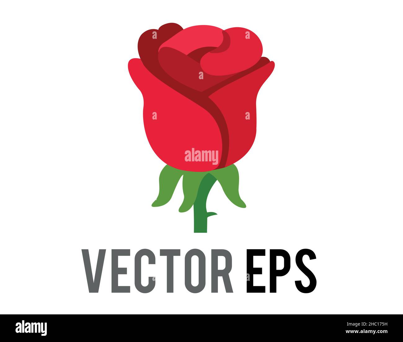Le vecteur isolé rouge rose fleur icône avec tige verte et les feuilles Illustration de Vecteur