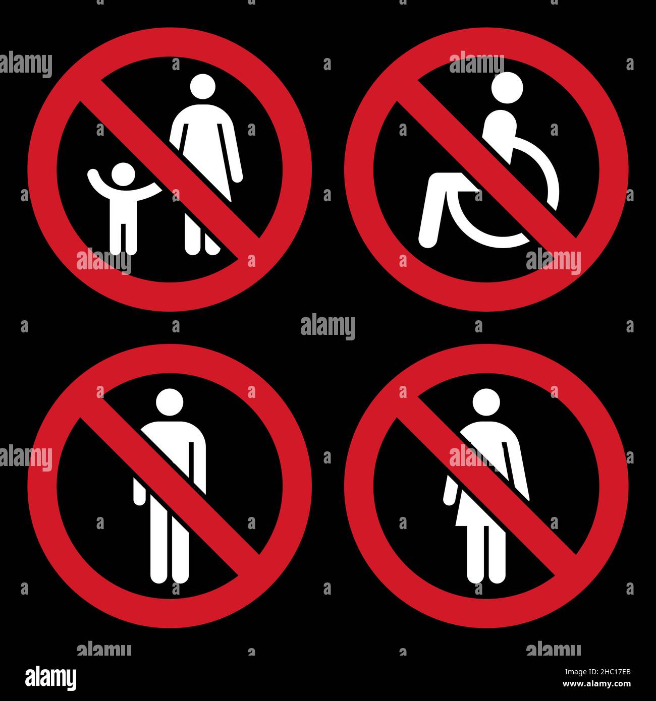 Signe parent et enfant, pas de personne handicapée signe autorisé, pas de signe homme, pas de signe femme.Panneaux interdits sur fond noir Banque D'Images