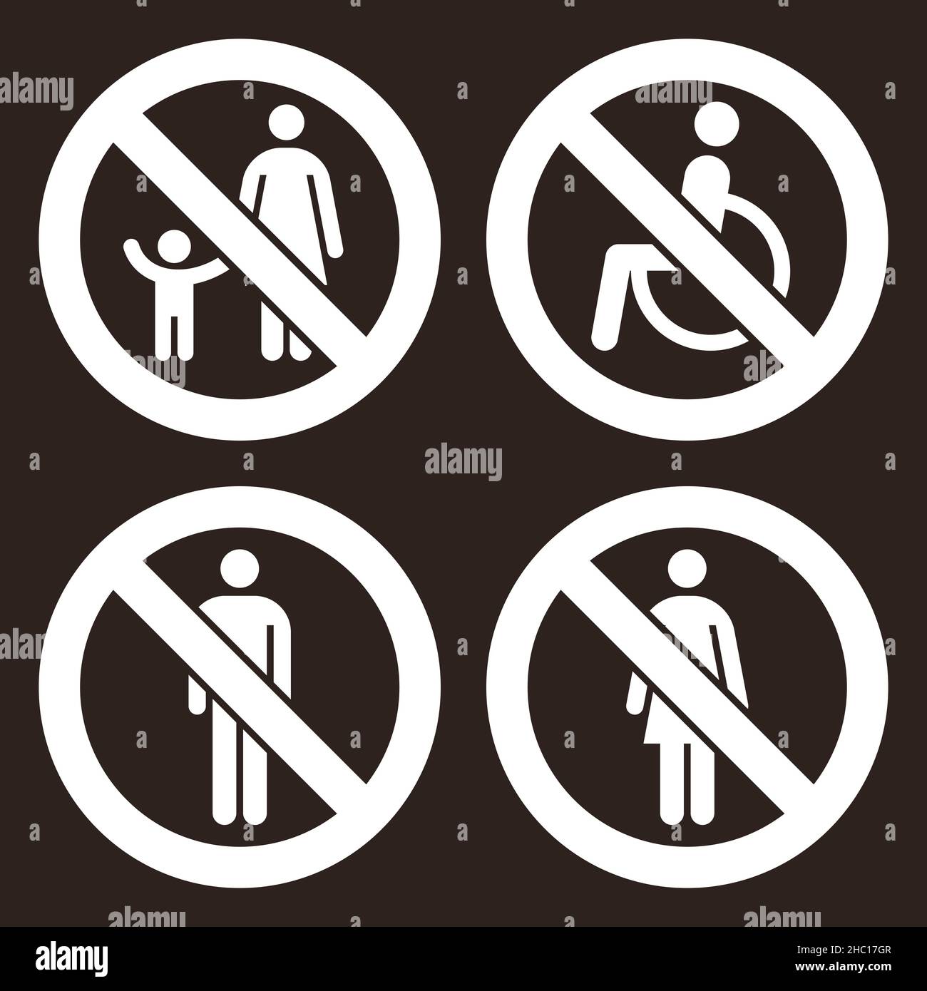 Signe parent et enfant, pas de personne handicapée signe autorisé, pas de signe homme, pas de signe femme.Panneaux interdits sur fond sombre Banque D'Images