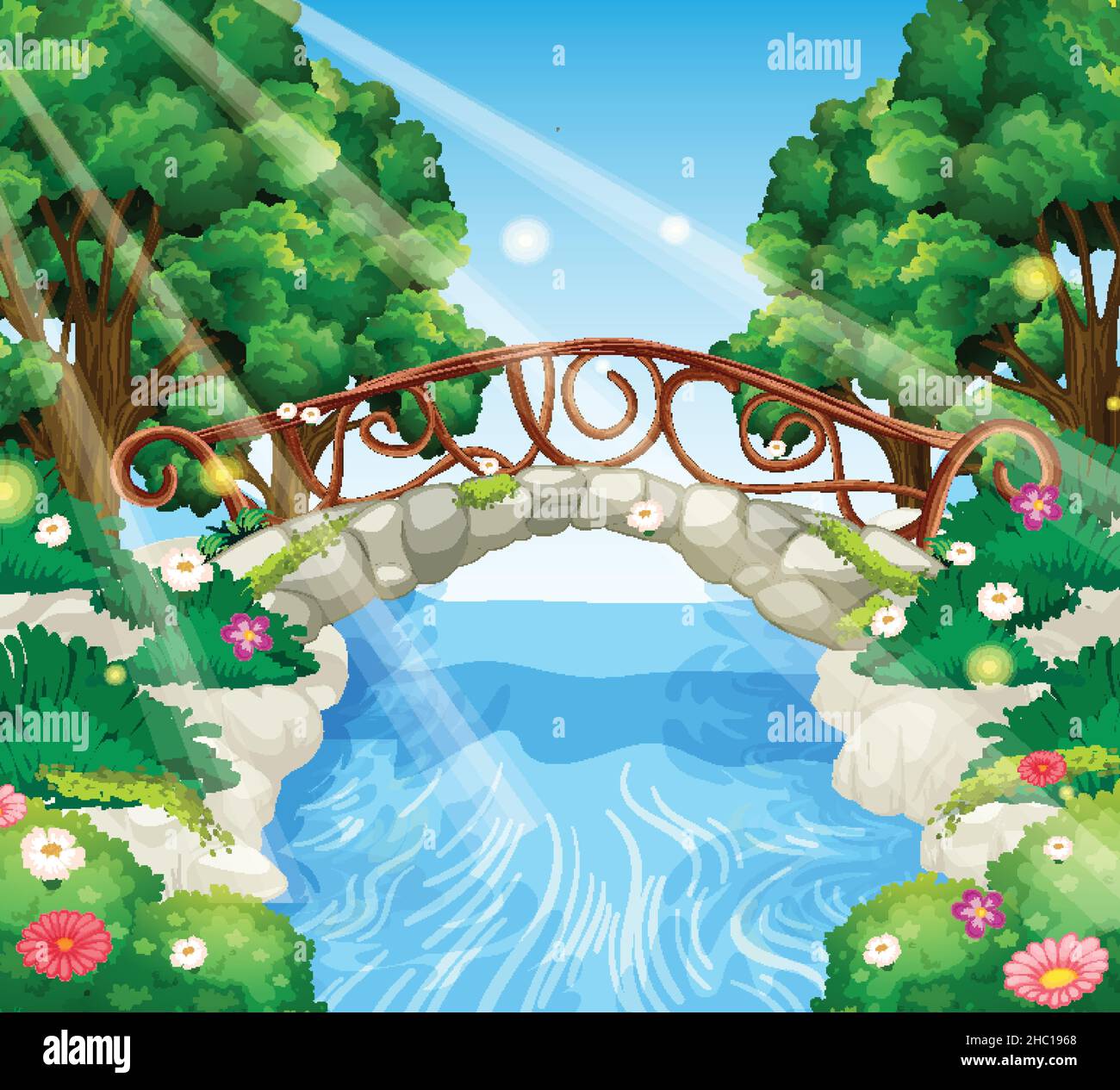 Jardin enchanté avec illustration du pont de pierre Illustration de Vecteur