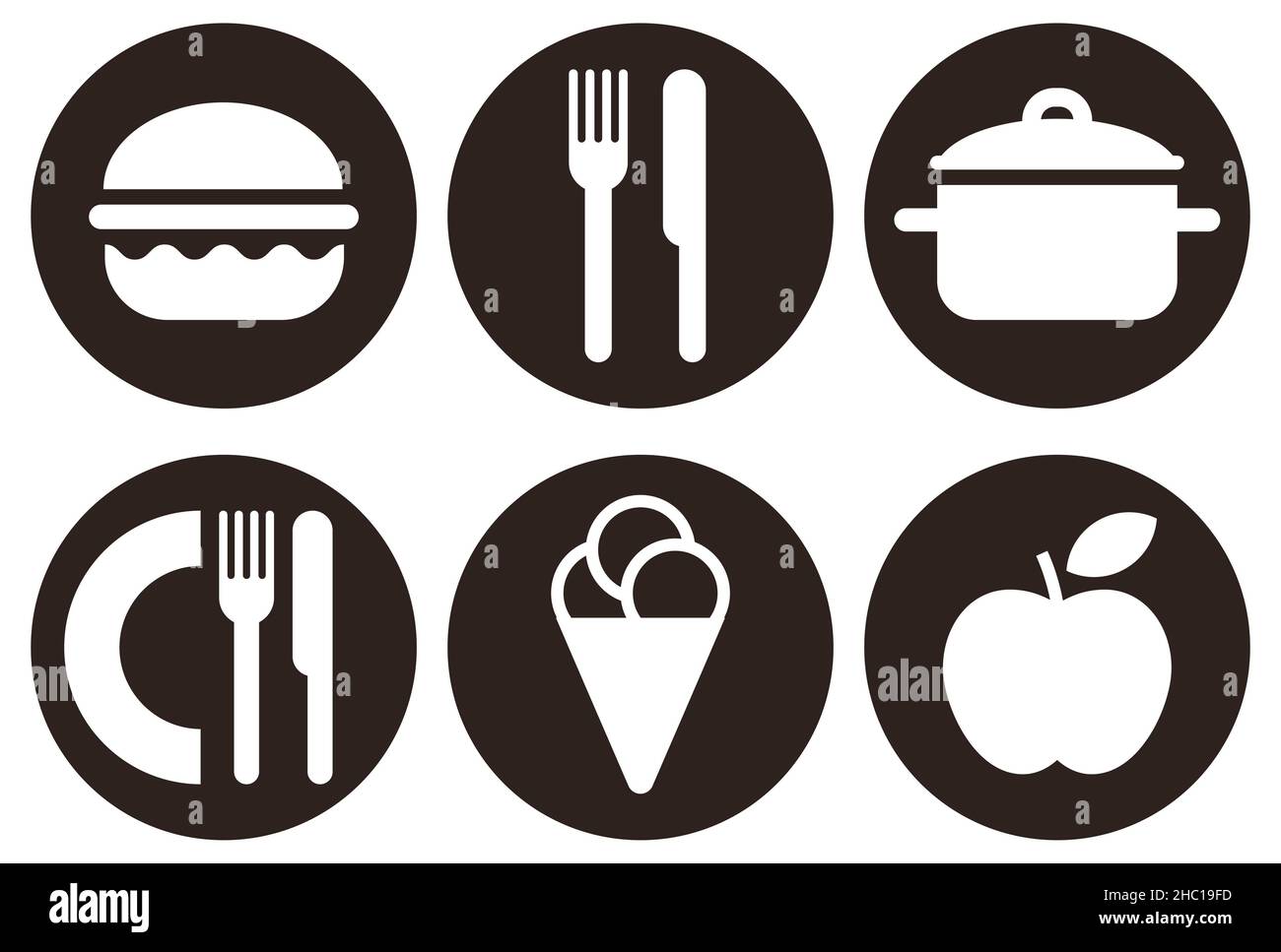 Icône de hamburger, icône de coutellerie, icône de cuisine, icône de restaurant, icône de crème glacée et icône de pomme isolée sur fond blanc.Icônes de manger ensemble isolé Banque D'Images