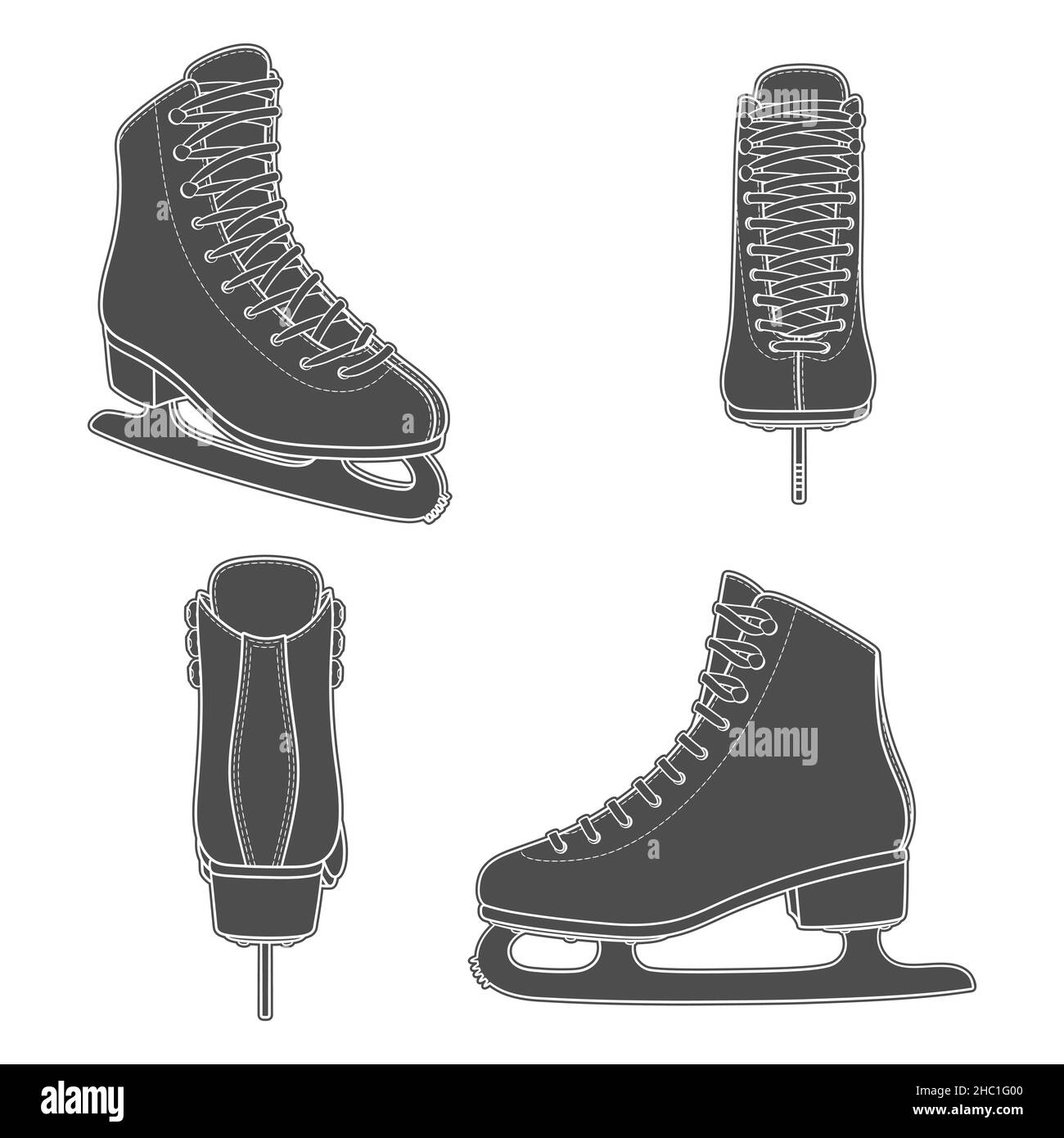Ensemble d'images en noir et blanc avec patins pour le patinage artistique.Objets vectoriels isolés sur fond blanc. Illustration de Vecteur