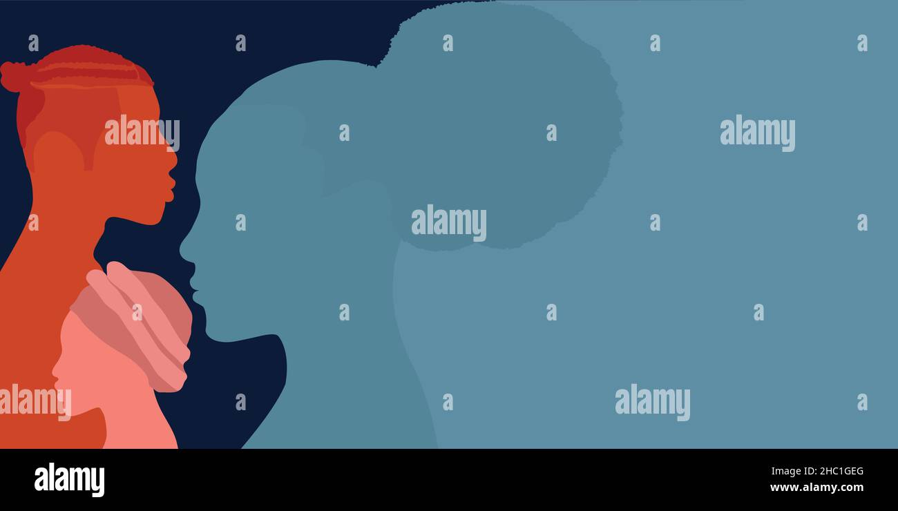 Silhouette visage tête dans le profil groupe ethnique des hommes et des femmes noirs africains et africains américains.Égalité raciale et justice - identité.Bannière Illustration de Vecteur