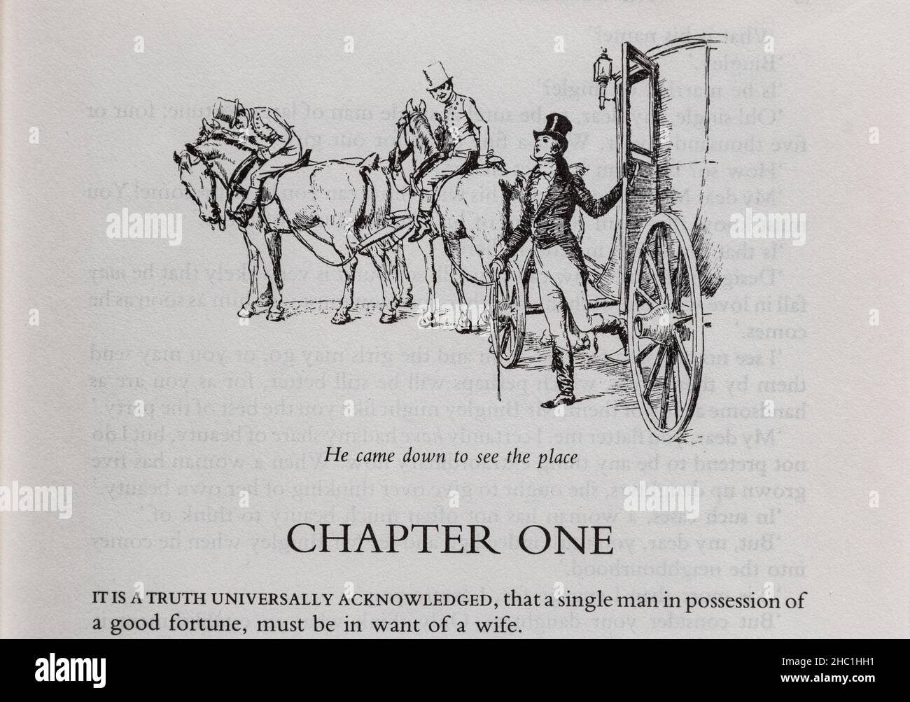 Première ligne de fierté et de préjugés, roman classique de Jane Austen, avec illustration de l'entraîneur et des chevaux Banque D'Images