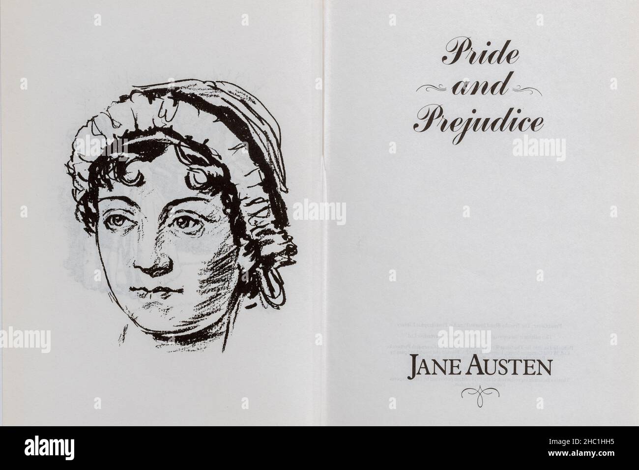 Livre de fierté et de préjugés - roman classique de Jane Austen.Page de titre et dessin de l'auteur. Banque D'Images