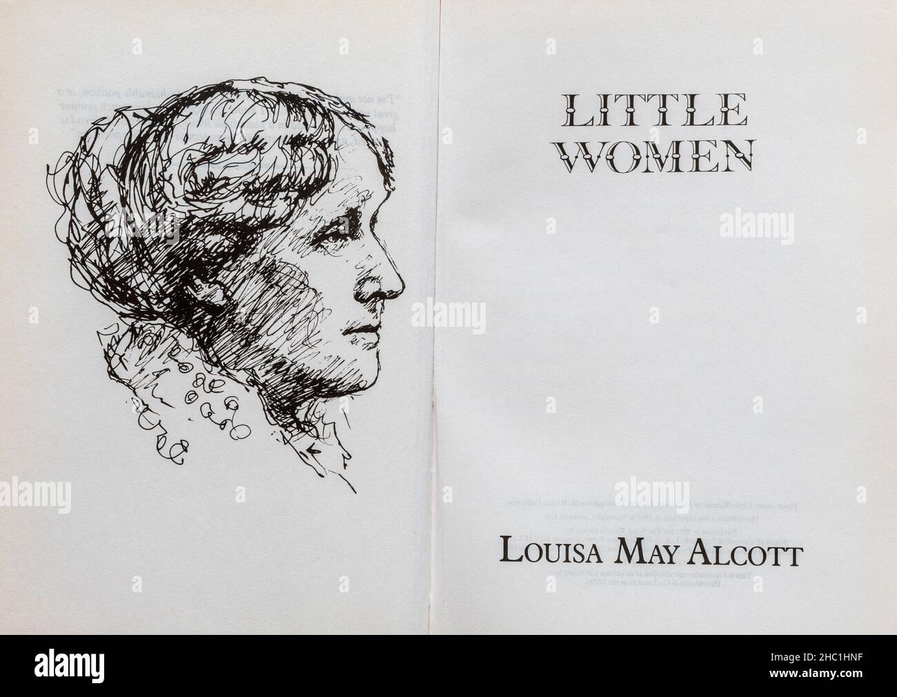 Livre Little Women - roman classique de Louisa May Alcott.Page de titre et dessin de l'auteur. Banque D'Images