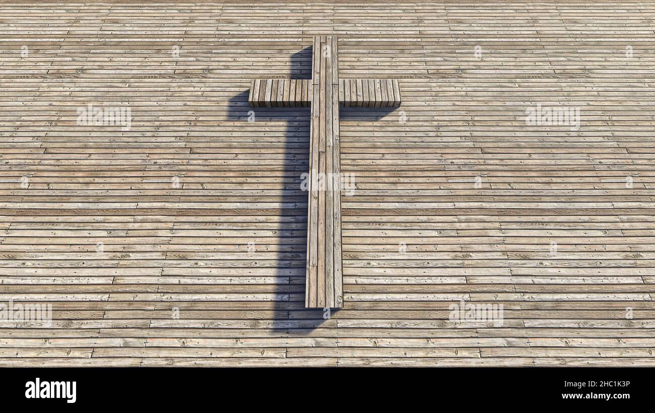 Concept ou croix conceptuelle sur fond de bois naturel ou de texture en bois. métaphore de l'illustration 3d pour Dieu, Christ, Christianisme, religieux, foi Banque D'Images
