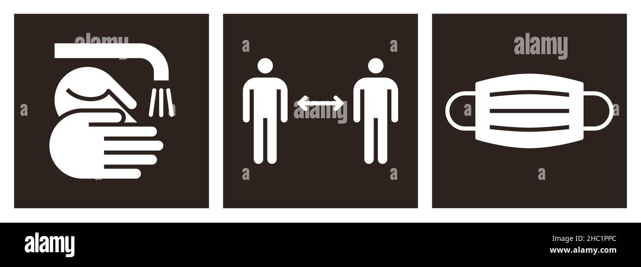 Mesures de sécurité du virus Corona COVID-19.Mise en place du panneau d'avertissement.Lavez-vous les mains, les distances sociales et le masque de protection Banque D'Images
