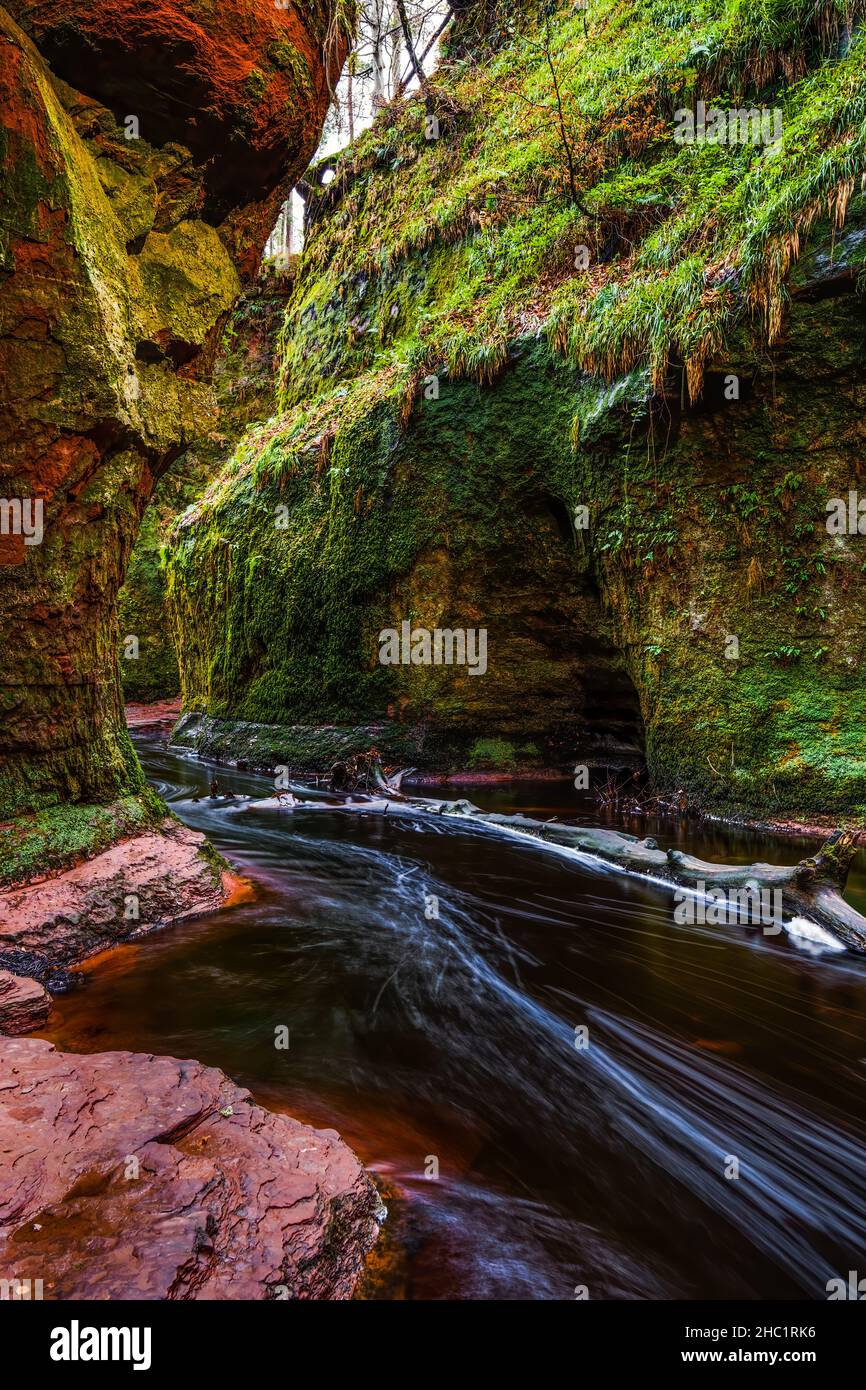 Finnich Glen, stade du rock connu sous le nom de Devil's Pulpit à Stirlingshire, en Écosse. Banque D'Images