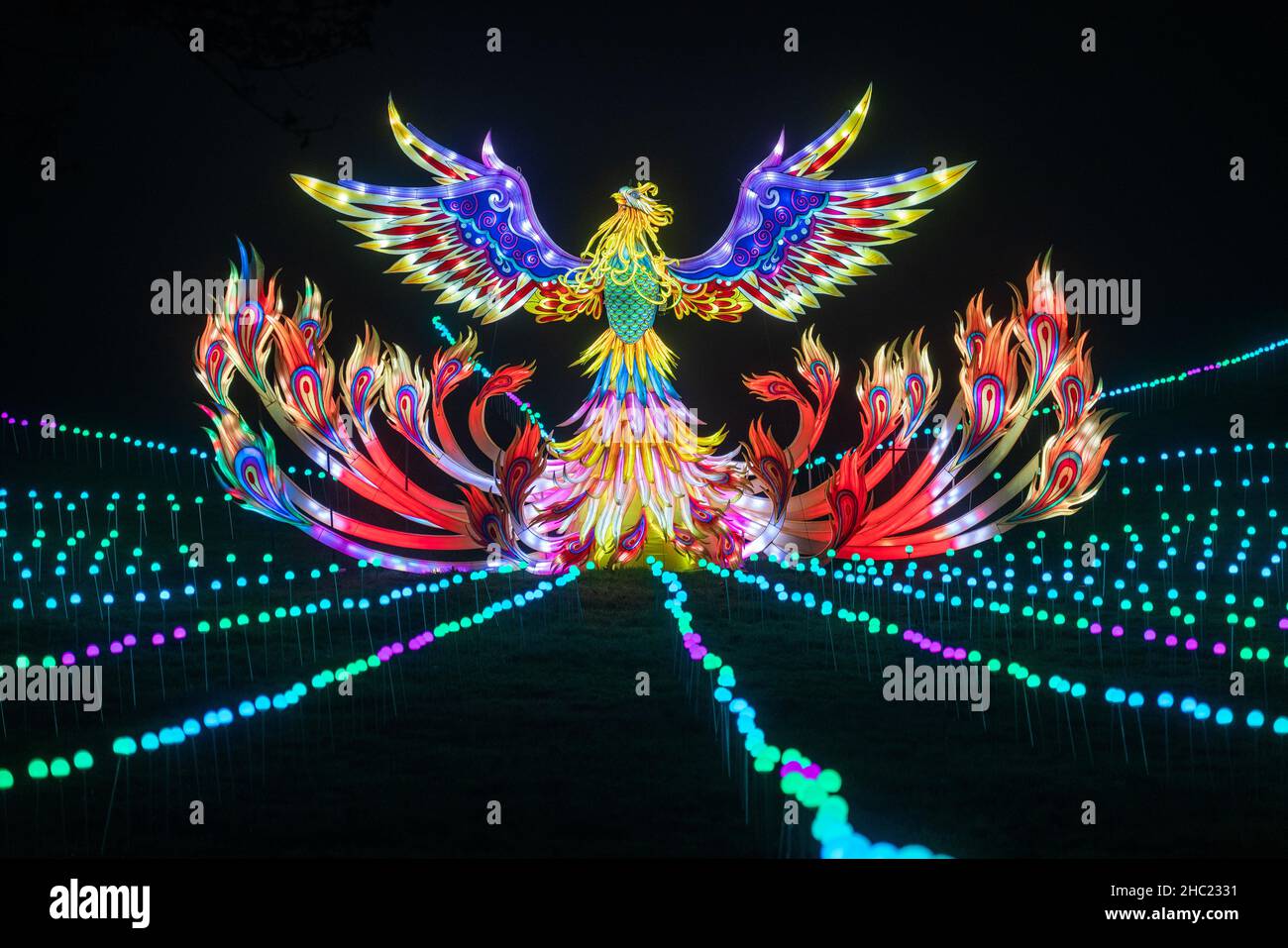 Installation d'art ornithologique colorée qui illumine plusieurs couleurs lors de l'événement Lightopia au Crystal Palace Park, Londres Banque D'Images