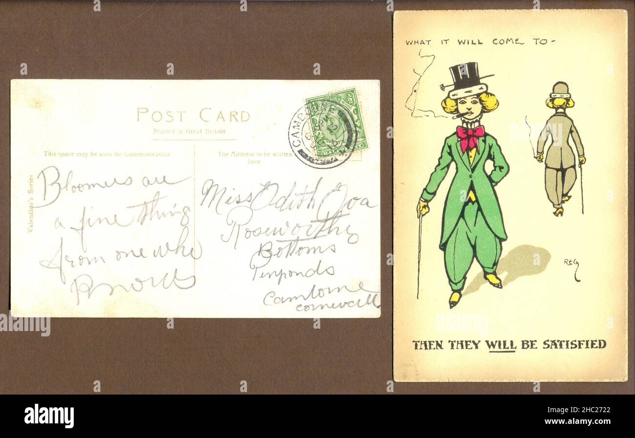 Carte postale comique de Reg carter illustrant la mode pour les pantalons de harem pour les femmes avec le message pertinent postmarqué 1913 Banque D'Images