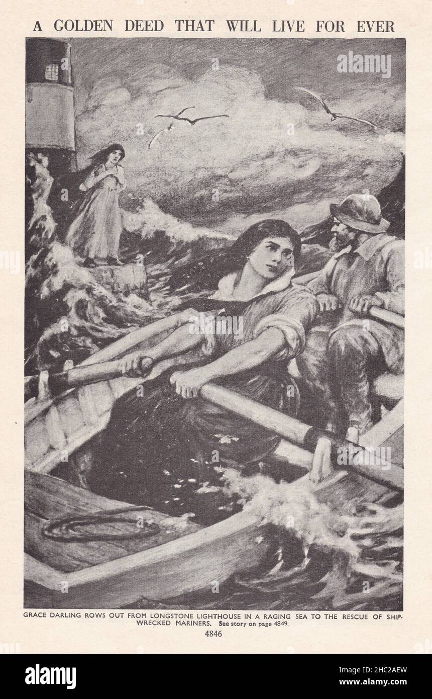 Grace Darling s'envole du phare de Longstone dans une mer qui fait rage jusqu'au sauvetage de marins épatés par des navires. Banque D'Images