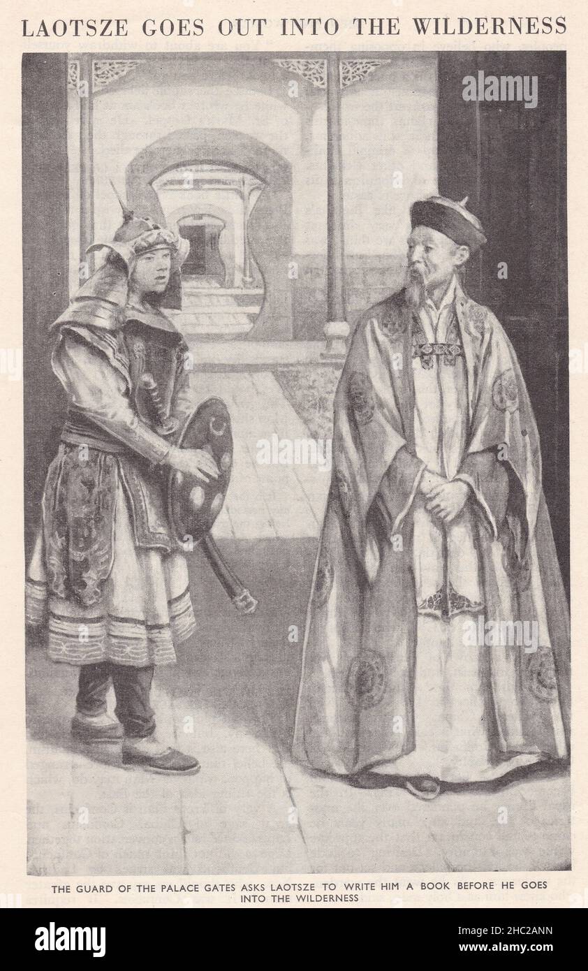 Laotsze sort dans le désert - la garde des portes du palais demande à Laotsze de lui écrire un livre. Banque D'Images